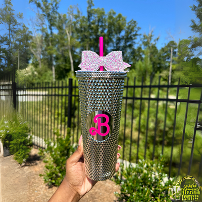 24Oz Studded Textured Tumbler With Straw And Decorative Bow