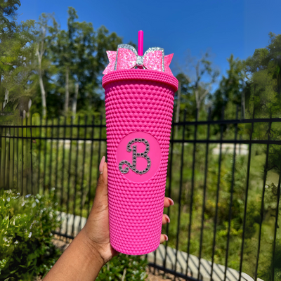 24Oz Studded Textured Tumbler With Straw And Decorative Bow