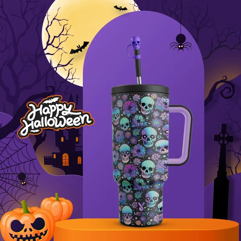 40Oz Halloween Patterned Insulated Tumbler With Handle And Straw