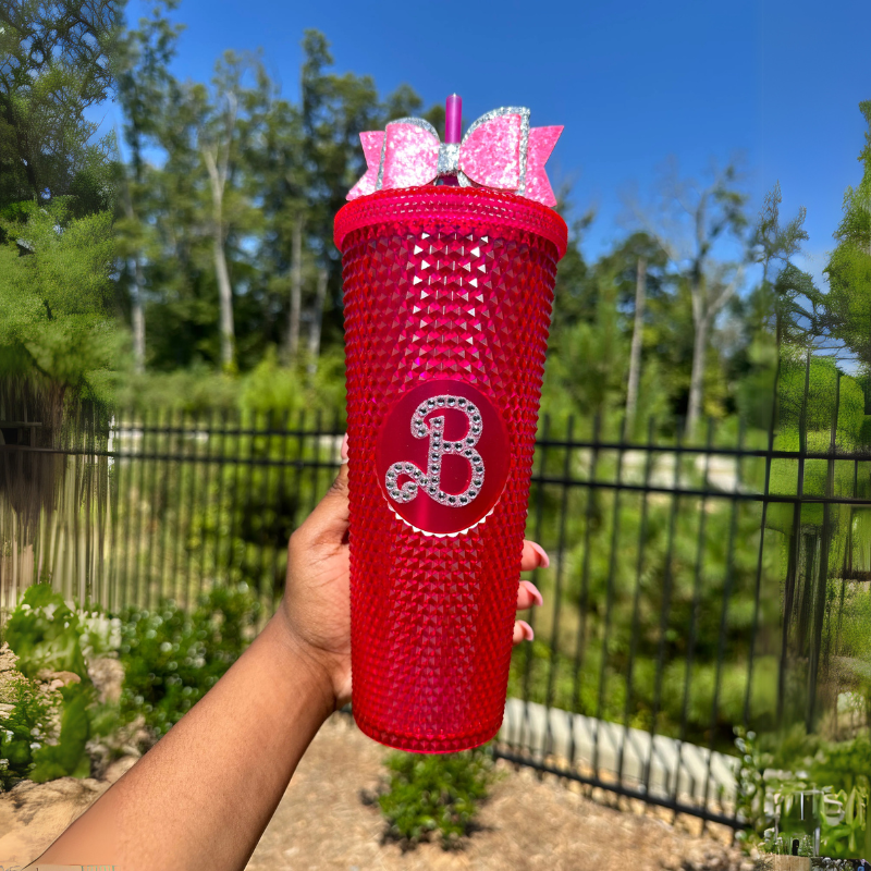 24Oz Studded Textured Tumbler With Straw And Decorative Bow