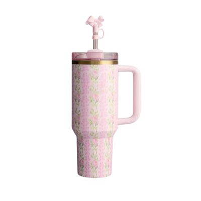 Floral Print Insulated Tumbler With Handle And Straw Lid