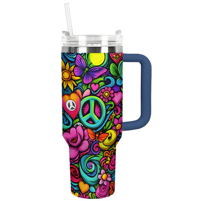 40Oz Floral Patterned Insulated Tumbler With Handle And Straw