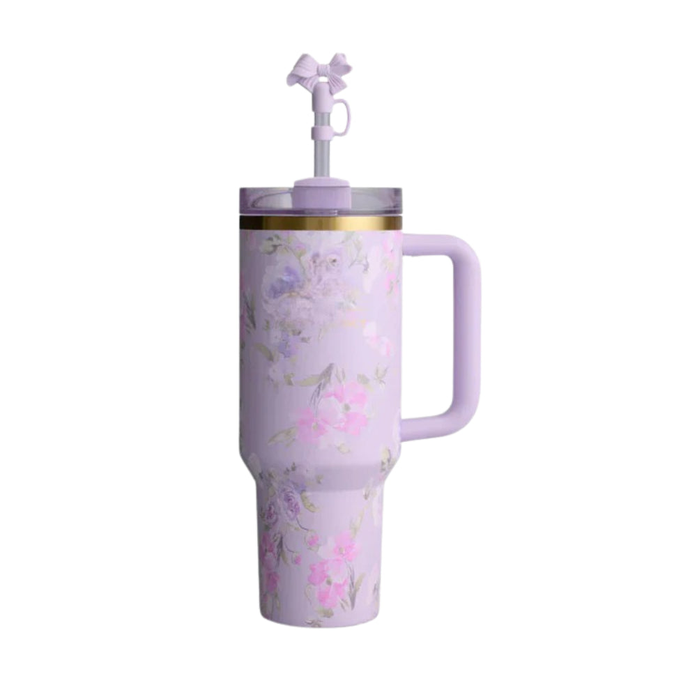 Floral Print Insulated Tumbler With Handle And Straw Lid