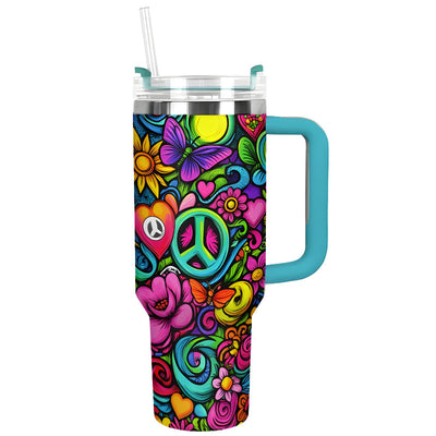 40Oz Floral Patterned Insulated Tumbler With Handle And Straw