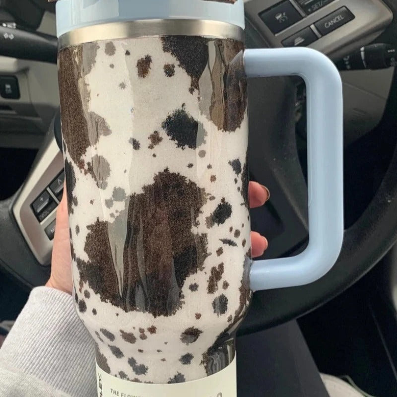 Cow Patterned 40 Oz Tumbler With Handle