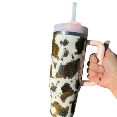 Cow Patterned 40 Oz Tumbler With Handle