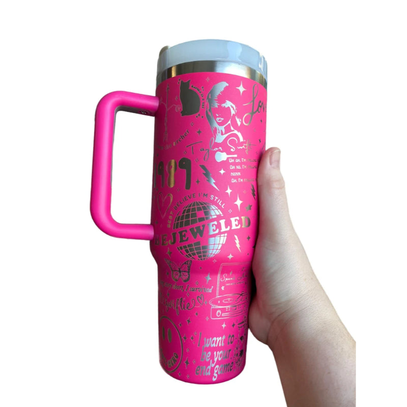 40oz Engraved Tumbler With Handle Celebrating Taylor Swifts Iconic Albums