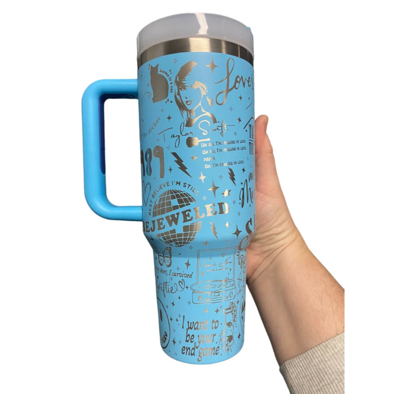 40oz Engraved Tumbler With Handle Celebrating Taylor Swifts Iconic Albums