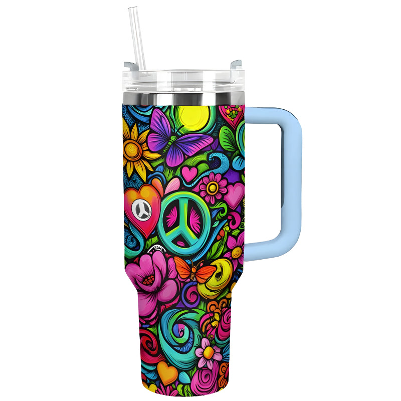 40Oz Floral Patterned Insulated Tumbler With Handle And Straw